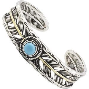 S925 Silver-Plated Antique Wide Feather Cuff Bracelet For Men Women Adjustable